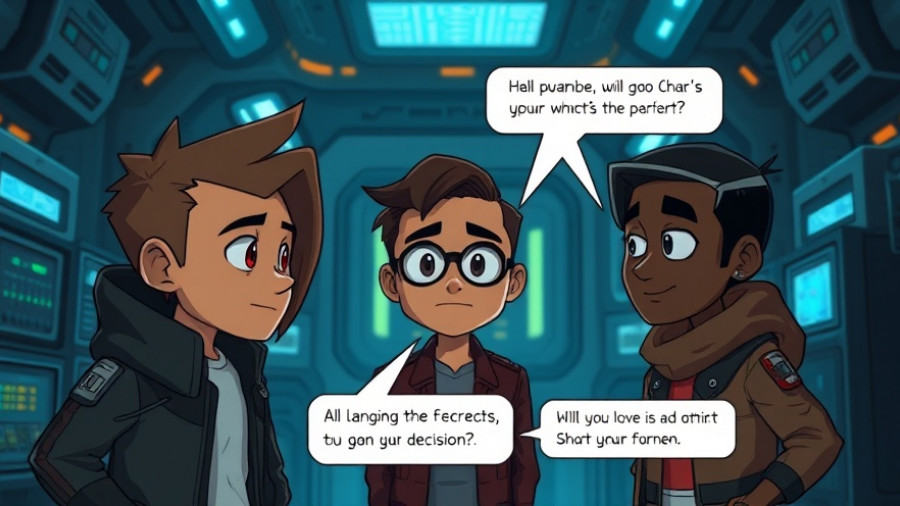 Futuristic cartoon characters in tech setting making choices.