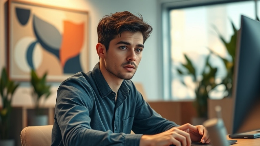 Young man presenting on AI and data privacy in modern office setting.