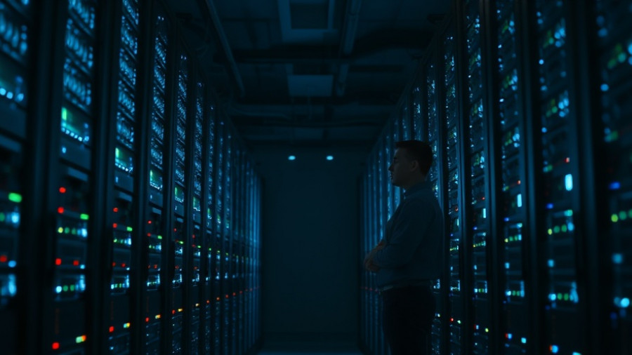 Technician in blue-lit data center checking servers, Qualcomm AI chips.