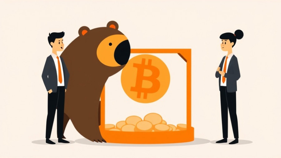 Stylized business figures examining Bitcoin trap, illustrating financial advisors' challenges