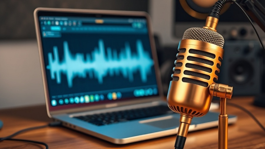 Golden microphone and laptop for podcasting in 2025.