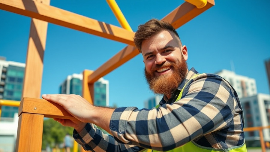 Construction worker assembling play structure, sunny day