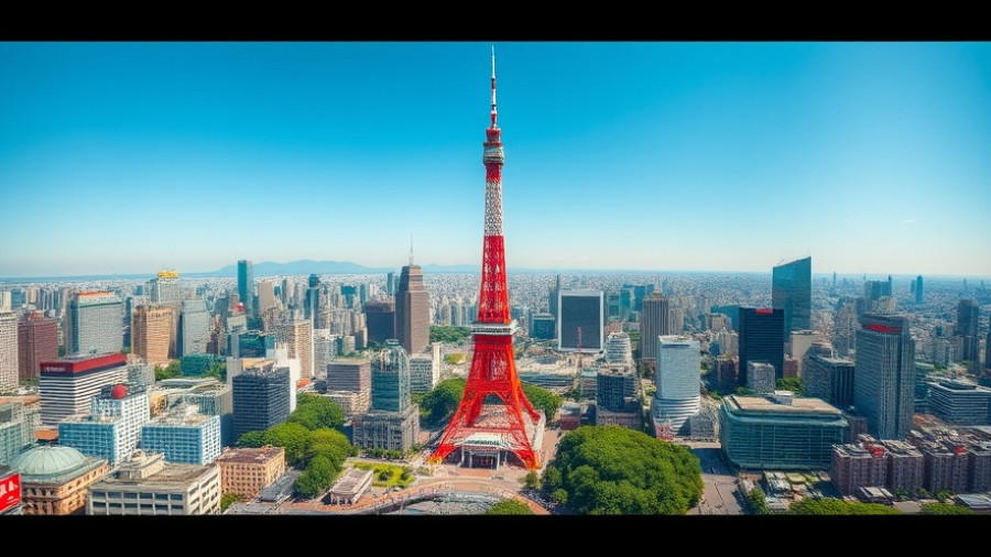 Aerial view Tokyo with Tokyo Tower, clear day, urban landscape.
