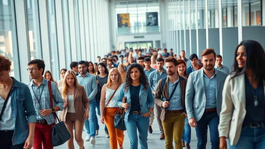 Diverse group walking in modern office, symbolizing learning opportunities.