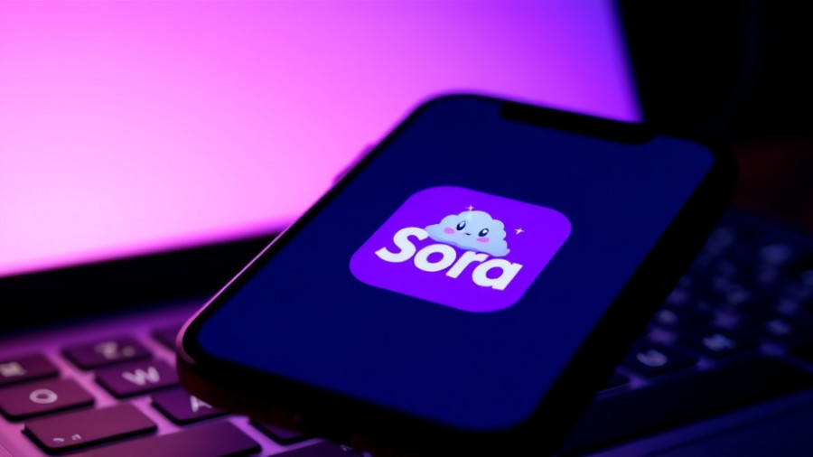 Sora app logo with cartoon cloud character on a smartphone screen.