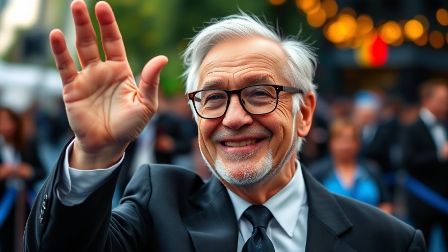 Man at event smiling and waving, vibrant atmosphere.