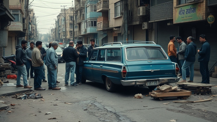 Urban street scene with people and a blue station wagon.