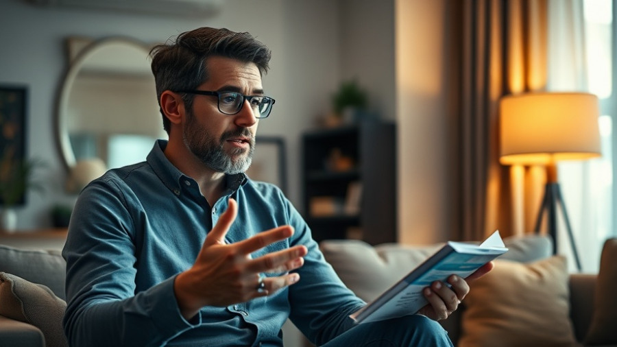 Casual man explaining financial tips in a modern setting.