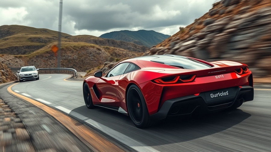 Tesla flying car prototype on a mountain road, dynamic and sleek.