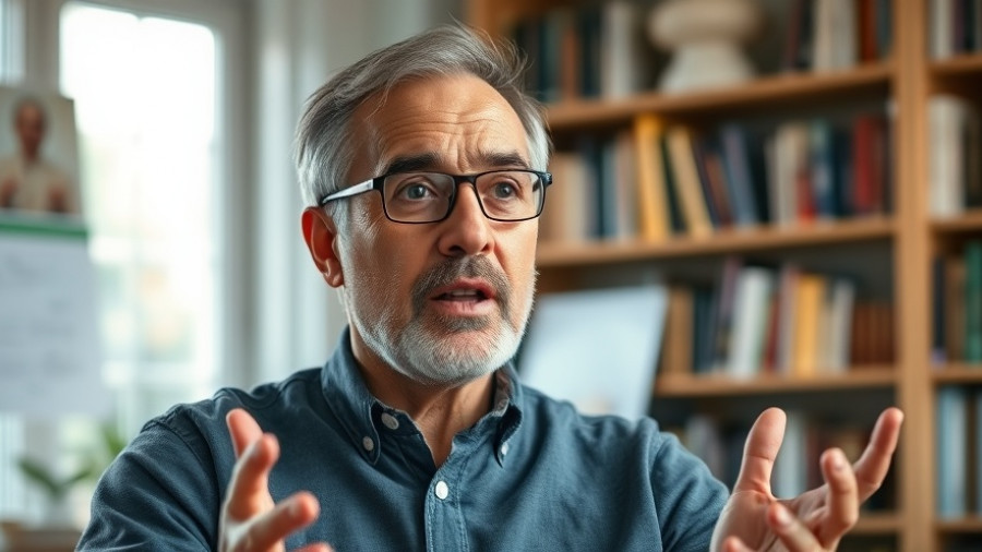 Middle-aged man speaking passionately about the secret to happiness and success.