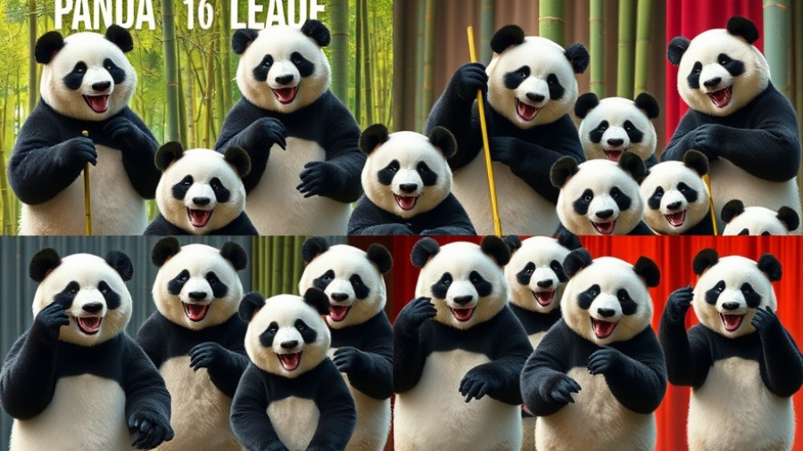 Humorous grid of pandas and people in panda costumes with varied expressions.