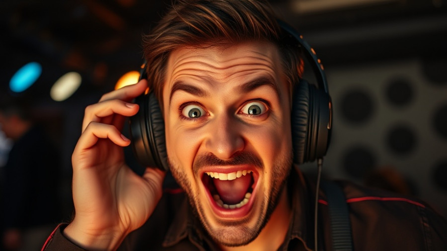 Man intensely reacting in video with text overlay, spotlight effect.