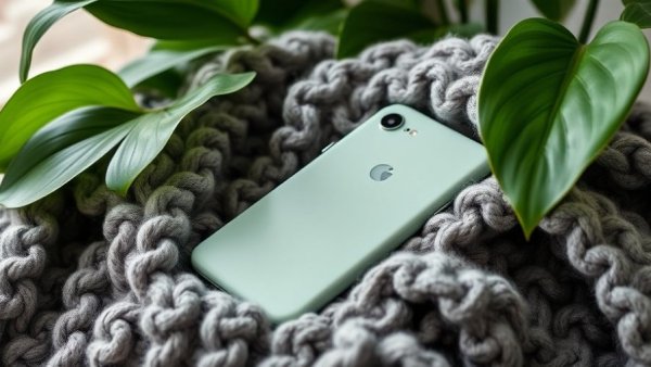 Google Pixel 10 Pro on grey blanket, plant leaves visible.