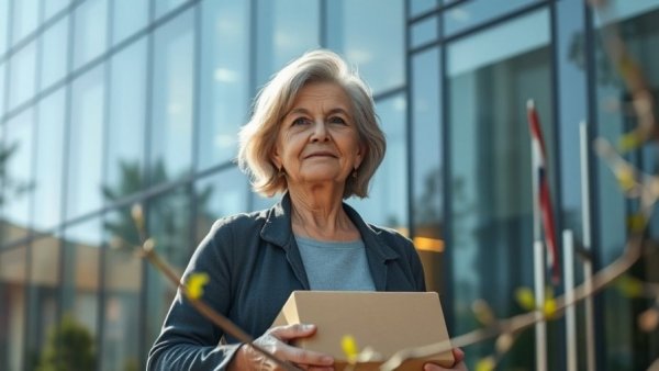 Middle-aged woman holding box exiting building, concept of change.