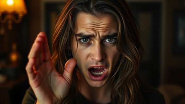 Distressed young man pleading in dim interior, AI music generation copyright issues.