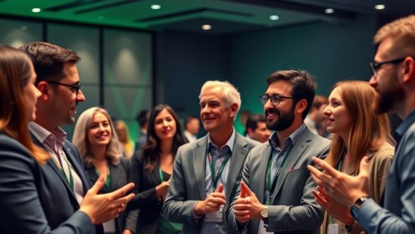 Professionals discussing ethical use of AI at a corporate event.