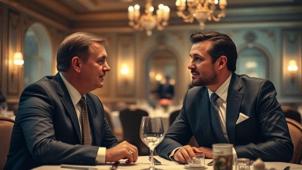 Two men in suits conversing at a formal dining event.
