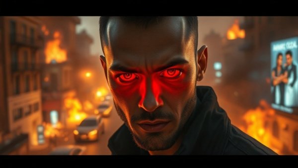 Meta scam problem visual with intense man in fiery setting.