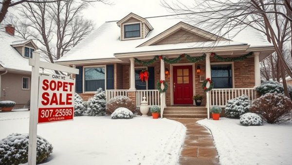 Real estate sign in front of festive suburban home, snowy yard.