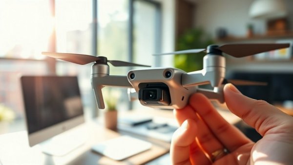 Close-up of AI-controlled swarm drone in a modern office setting.
