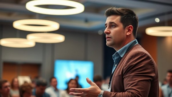 Speaker discussing AI in business growth at a conference.