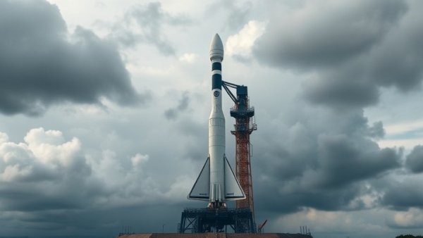 Blue Origin New Glenn rocket on launch pad under cloudy sky.