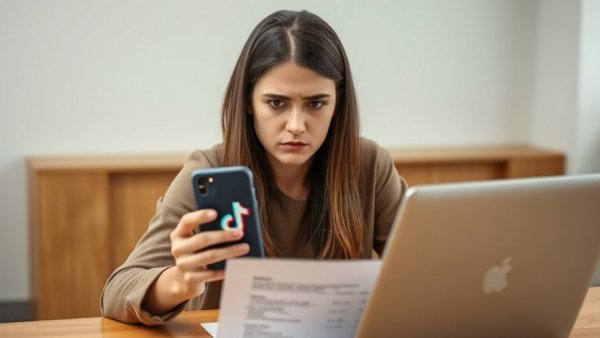 Young woman using TikTok resume hack, concerned expression, holding resume.