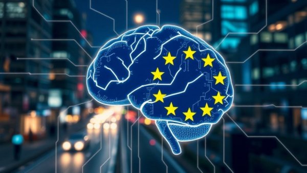 Futuristic depiction of EU AI Act delays with digital brain and EU stars.