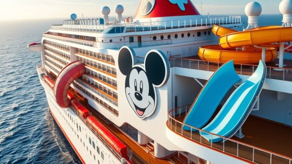 Close-up of Disney Destiny cruise ship with Mickey Mouse logo.