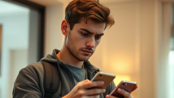 Young man looking at smartphone before AI event.