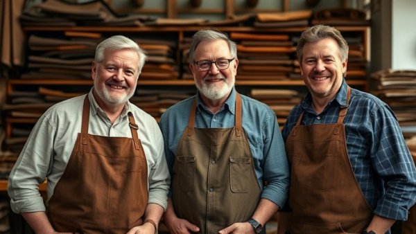 Local artisans in Orlando leather shop, smiling confidently.