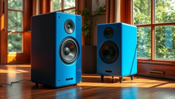 Vibrant speaker and subwoofer on wooden floor, the pursuit of wonder in sound.
