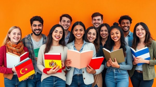Diverse young adults with flags and books, vibrant setting.