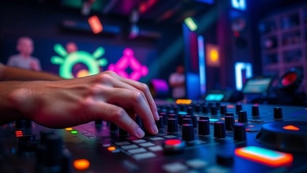 AI country music sensation depicted through a DJ setup with vibrant lighting.