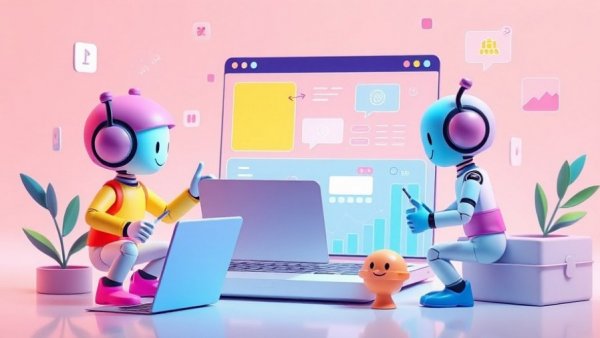 3D characters with digital tools showcasing AI website builders.