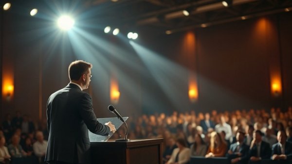 Young professional explaining how to make money with AI, spotlight on stage.