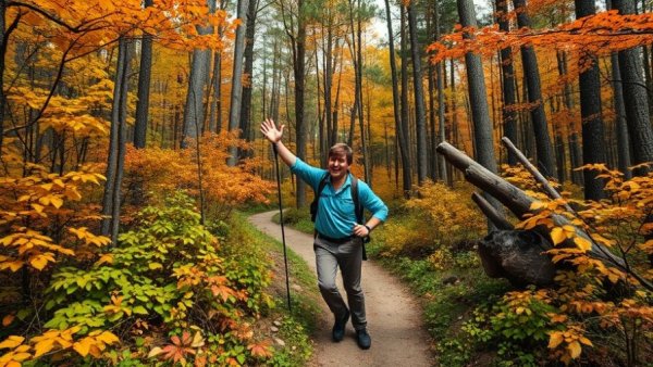 Enthusiastic hiker exploring a forest trail surrounded by fall colors.