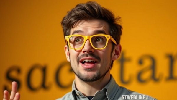 Charismatic speaker presenting ideas with yellow glasses, transform good ideas into profitable businesses.