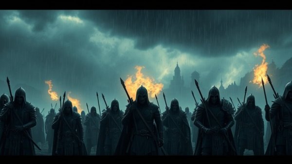 Dramatic scene from Elden Ring Forsaken Hollows DLC with warriors in stormy landscape.