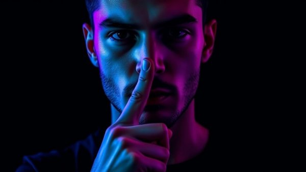 Man in neon light gesturing silence, moody ambiance.