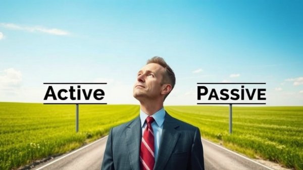 Businessman at forked road choosing between active and passive paths in management.