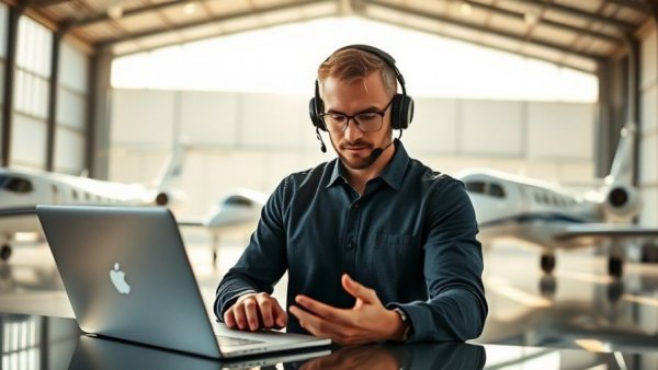 Balancing Security and Product Usability: Man working on laptop in aircraft hangar.