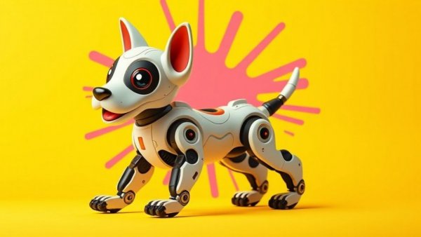 Playful robotic dog on yellow background for AI automation.