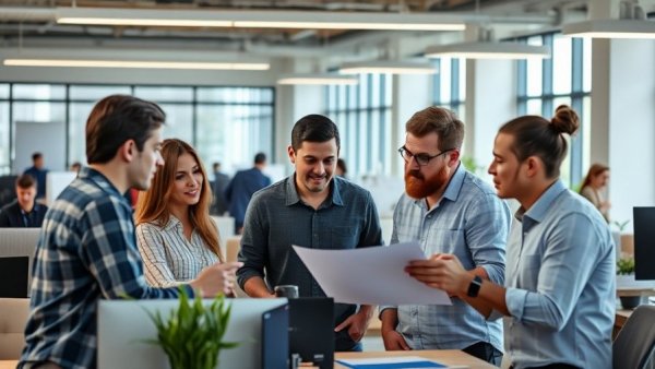 Group discussing productivity software solutions in modern office.