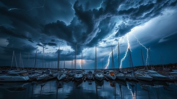 Dinnteco Lightning Protection: Boats in marina with lightning.