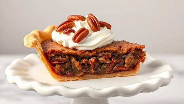 Delicious pecan pie slice on ruffled stand, Thanksgiving dessert ideas.