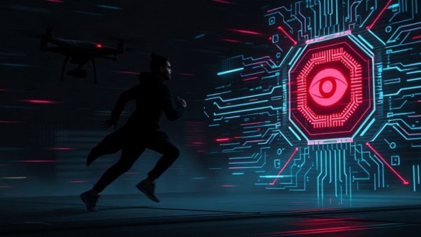 AI Surveillance Technology concept with figure and drone in glitchy style.