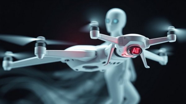 Abstract AI surveillance concept with digital figure and drone chase, red circuit symbol.