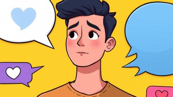 Cartoon figure thinking with social media icons around on yellow background, boost engagement concept.