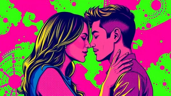 Vibrant pop art couple facing each other, AI automation for entrepreneurs